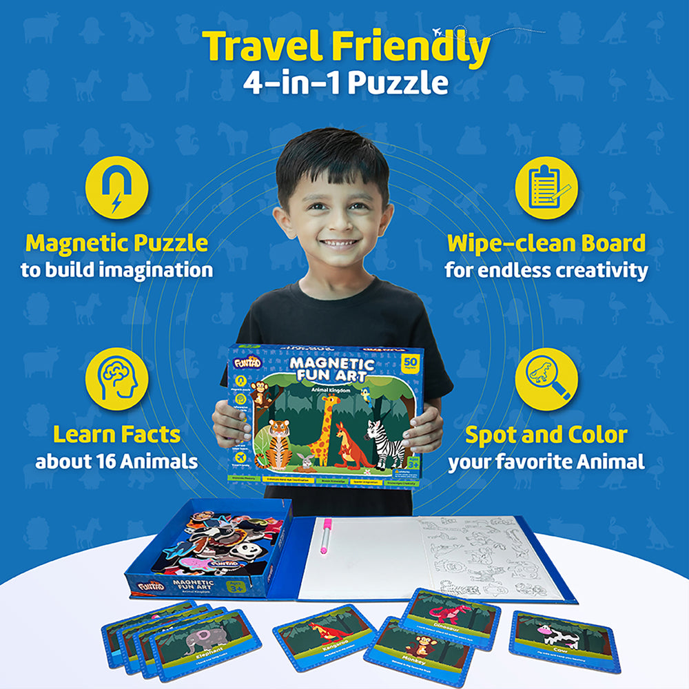 Funtad Magnetic Fun Art Travel-Friendly Puzzle for Kids| Animal| 4-in-1 Play with 50-Piece Magnetic Puzzle and Flash Cards|