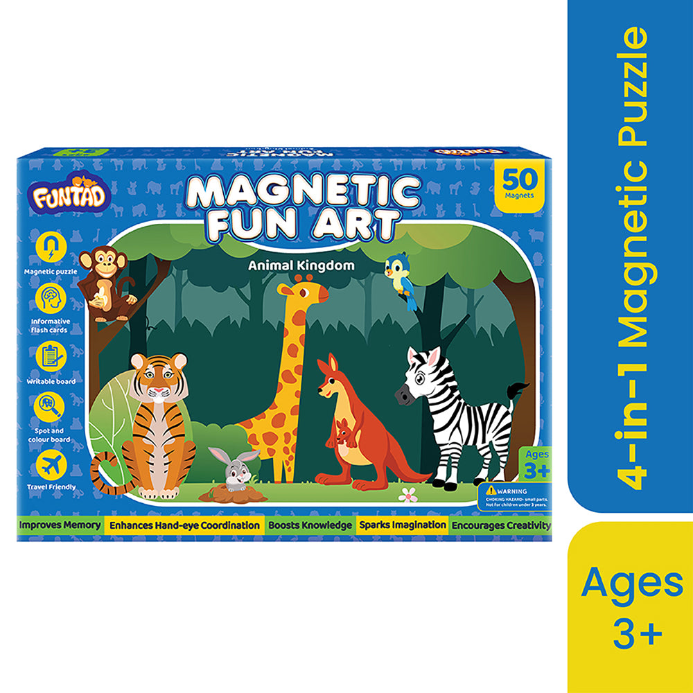 Funtad Magnetic Fun Art Travel-Friendly Puzzle for Kids| Animal| 4-in-1 Play with 50-Piece Magnetic Puzzle and Flash Cards|