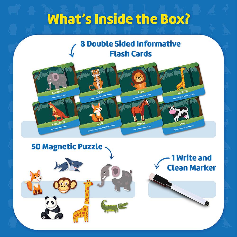 Funtad Magnetic Fun Art Travel-Friendly Puzzle for Kids| Animal| 4-in-1 Play with 50-Piece Magnetic Puzzle and Flash Cards|