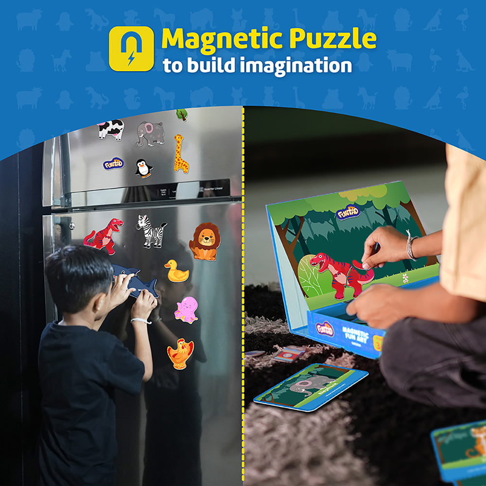 Funtad Magnetic Fun Art Travel-Friendly Puzzle for Kids| Animal| 4-in-1 Play with 50-Piece Magnetic Puzzle and Flash Cards|