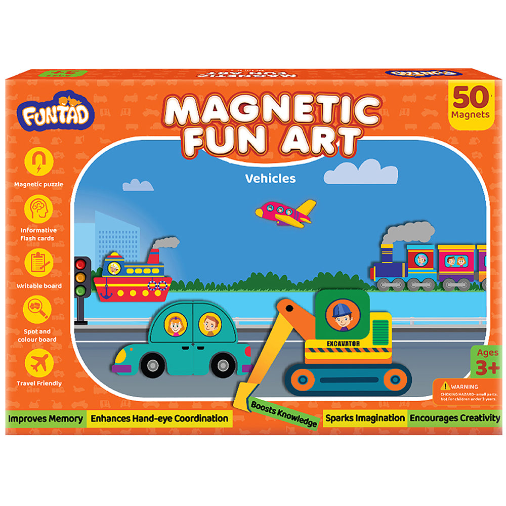 Funtad Magnetic Fun Art Travel-Friendly Puzzle for Kids| Vehicle| 4-in-1 Play with 50-Piece Magnetic Puzzle and Flash
