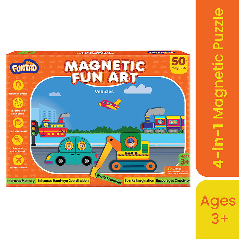 Funtad Magnetic Fun Art Travel-Friendly Puzzle for Kids| Vehicle| 4-in-1 Play with 50-Piece Magnetic Puzzle and Flash
