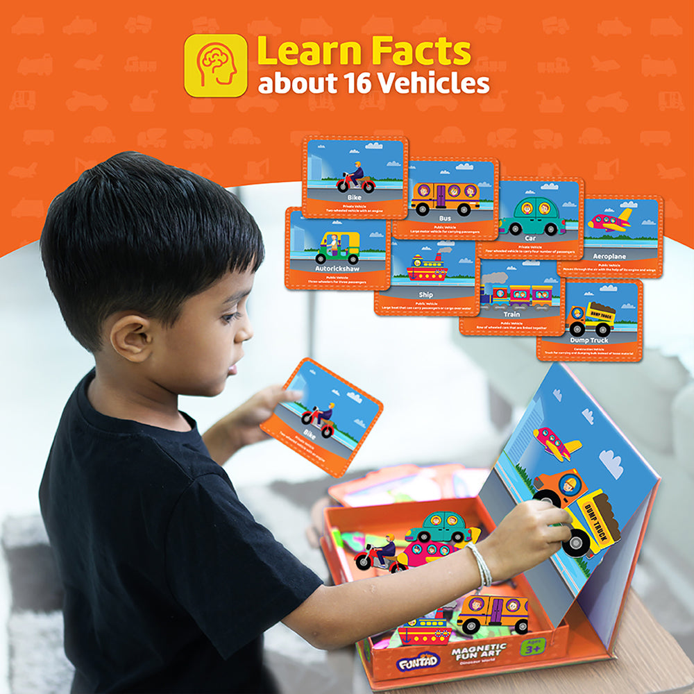 Funtad Magnetic Fun Art Travel-Friendly Puzzle for Kids| Vehicle| 4-in-1 Play with 50-Piece Magnetic Puzzle and Flash