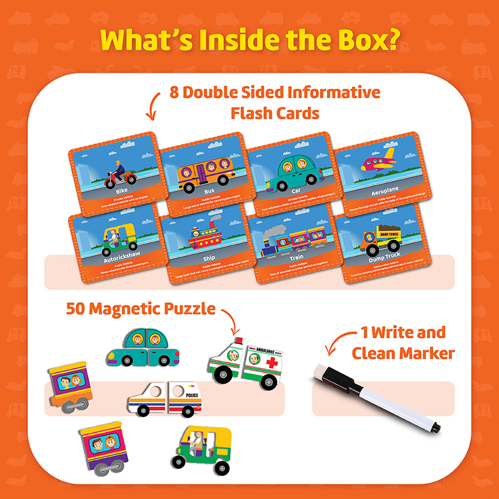 Funtad Magnetic Fun Art Travel-Friendly Puzzle for Kids| Vehicle| 4-in-1 Play with 50-Piece Magnetic Puzzle and Flash