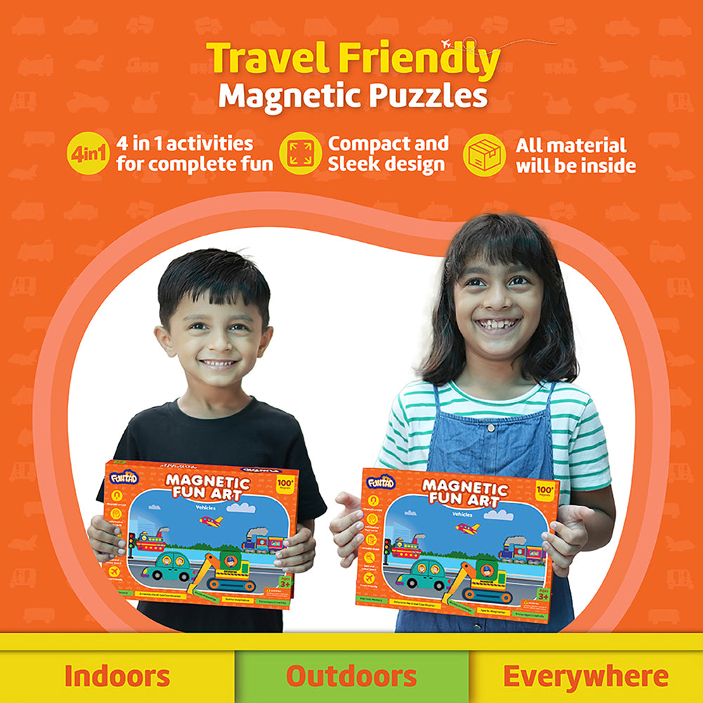 Funtad Magnetic Fun Art Travel-Friendly Puzzle for Kids| Vehicle| 4-in-1 Play with 50-Piece Magnetic Puzzle and Flash