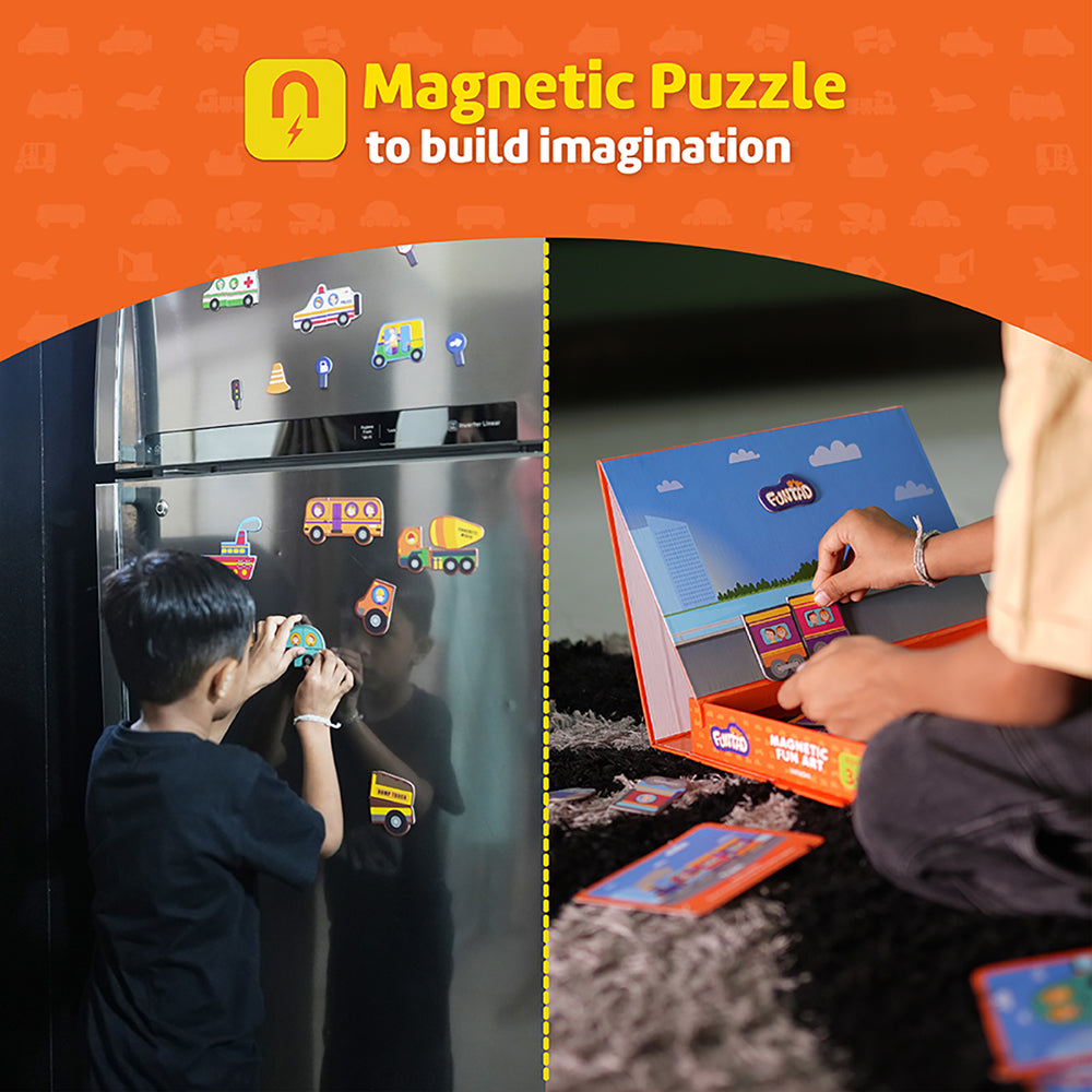 Funtad Magnetic Fun Art Travel-Friendly Puzzle for Kids| Vehicle| 4-in-1 Play with 50-Piece Magnetic Puzzle and Flash