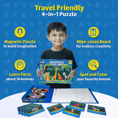 Funtad Magnetic Fun Art Travel-Friendly Puzzle for Kids| Animal| 4-in-1 Play with 50-Piece Magnetic Puzzle and Flash Cards|