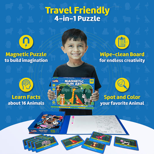 Funtad Magnetic Fun Art Travel-Friendly Puzzle for Kids| Animal| 4-in-1 Play with 50-Piece Magnetic Puzzle and Flash Cards|