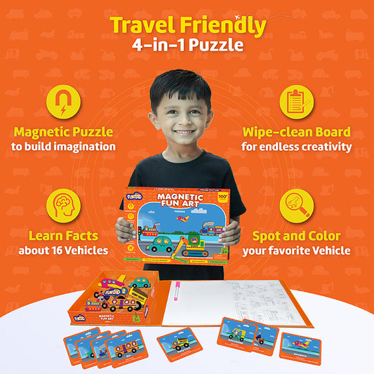 Funtad Magnetic Fun Art Travel-Friendly Puzzle for Kids| Vehicle| 4-in-1 Play with 50-Piece Magnetic Puzzle and Flash