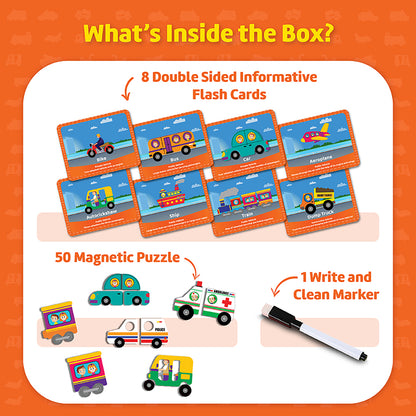 Funtad Magnetic Fun Art Travel-Friendly Puzzle for Kids| Vehicle| 4-in-1 Play with 50-Piece Magnetic Puzzle and Flash